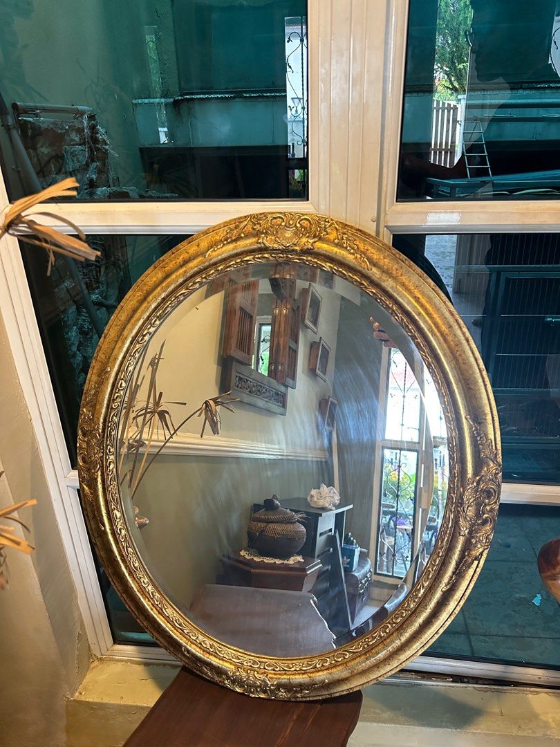 Antique Oval Gold Mirror with Carved Wooden Frame, Furniture & Home