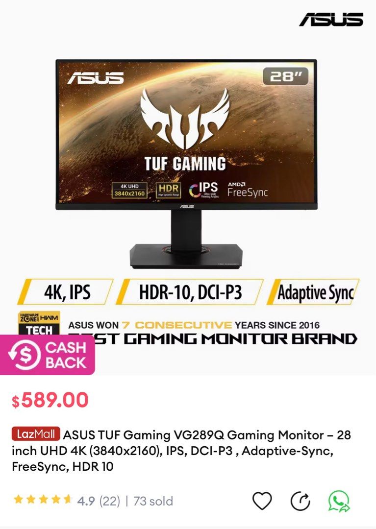 ASUS 4K Gaming Monitor VG289Q, Computers & Tech, Parts & Accessories