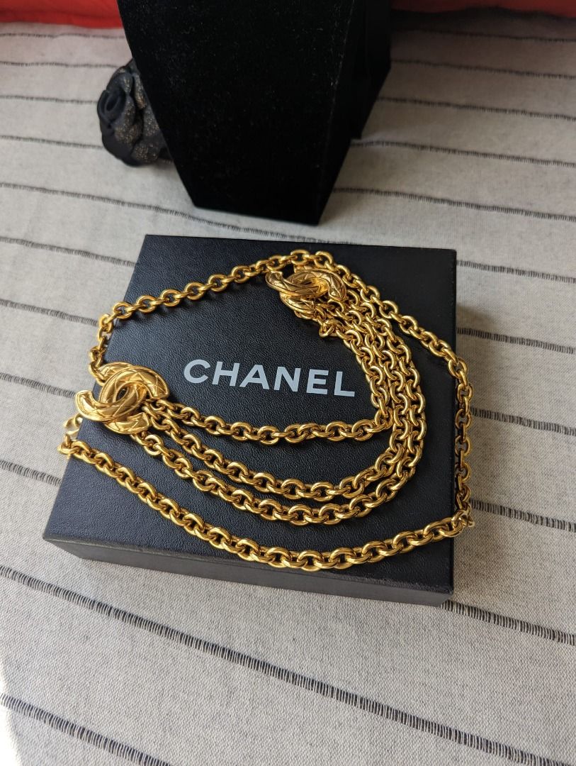 Vintage Chanel Gold Plated Triple Chain CC Necklace