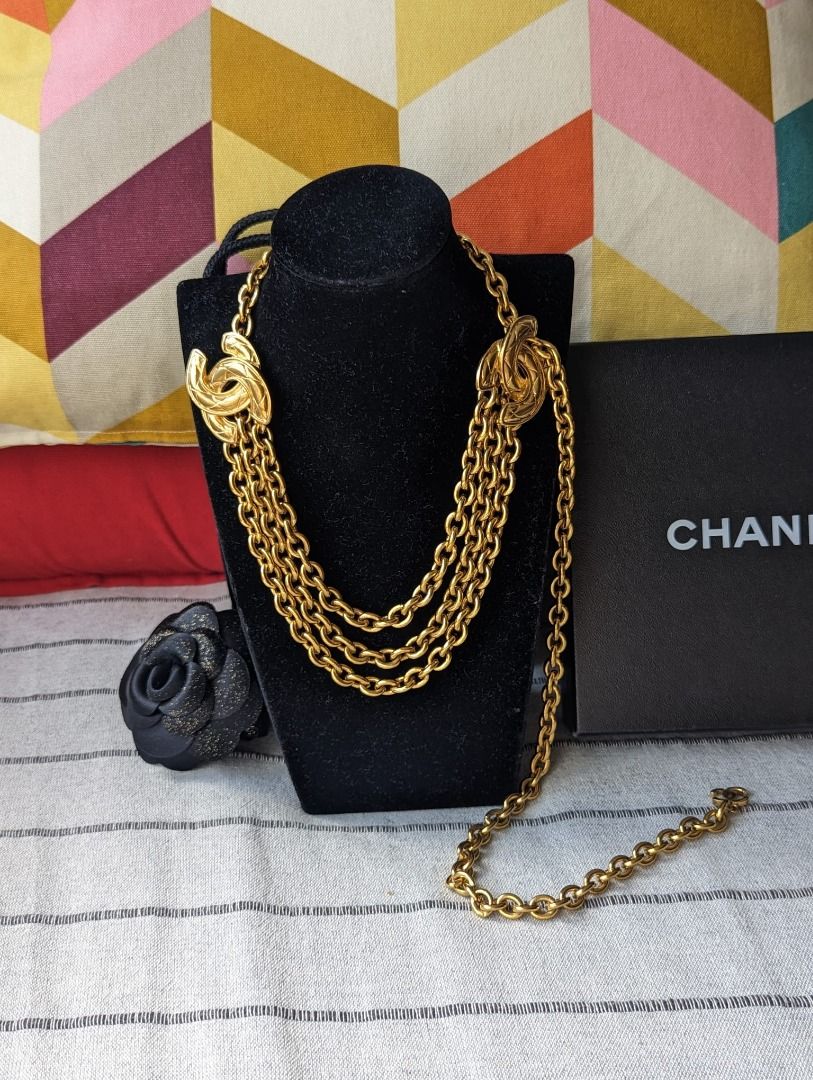 Chanel CC Matelasse RARE 3 row Chain Vintage Belt Necklace GHW box