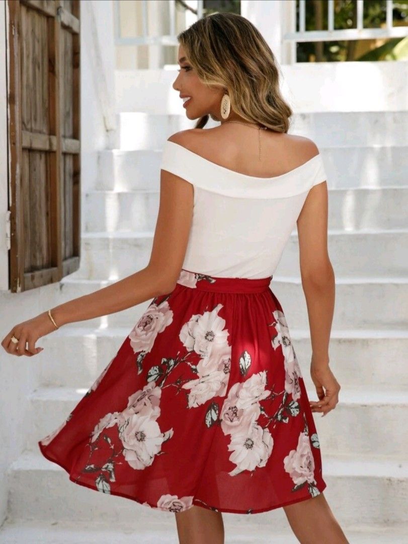 White off the shoulder dress with red flowers online