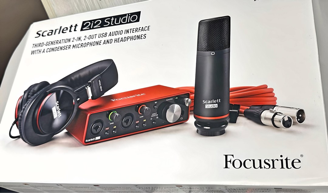 Focusrite scarlett studio 2i2 condenser microphone and headphones