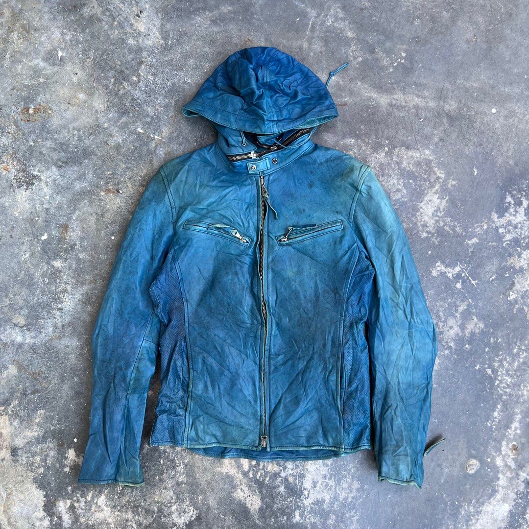 Katharine Hamnett London Blue Sheepskin Leather Biker Jacket Rider Jacket Removable Hoodie