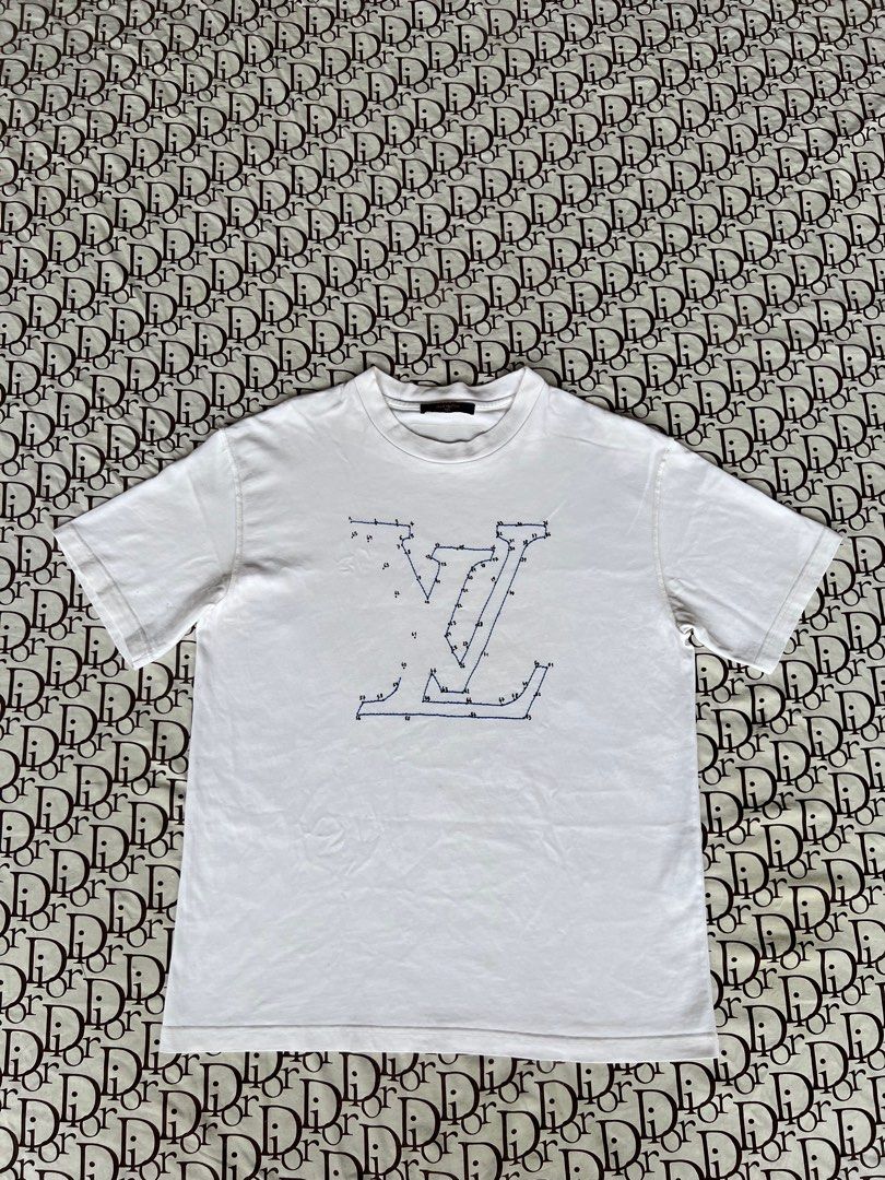 LOUIS VUITTON white and blue LV stitch print and embroided T-shirt