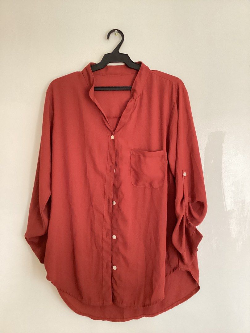Maroon red silky satin button down long sleeve (Category: Longsleeves) located in Manila. Submitted by randomsellingirl (Listing ID 1239721233, Image 1). Description: .