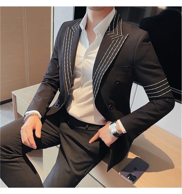 Men double breasted Black suit double breasted coat jacket instyle double breasted men black suit 2pc size M 3XL