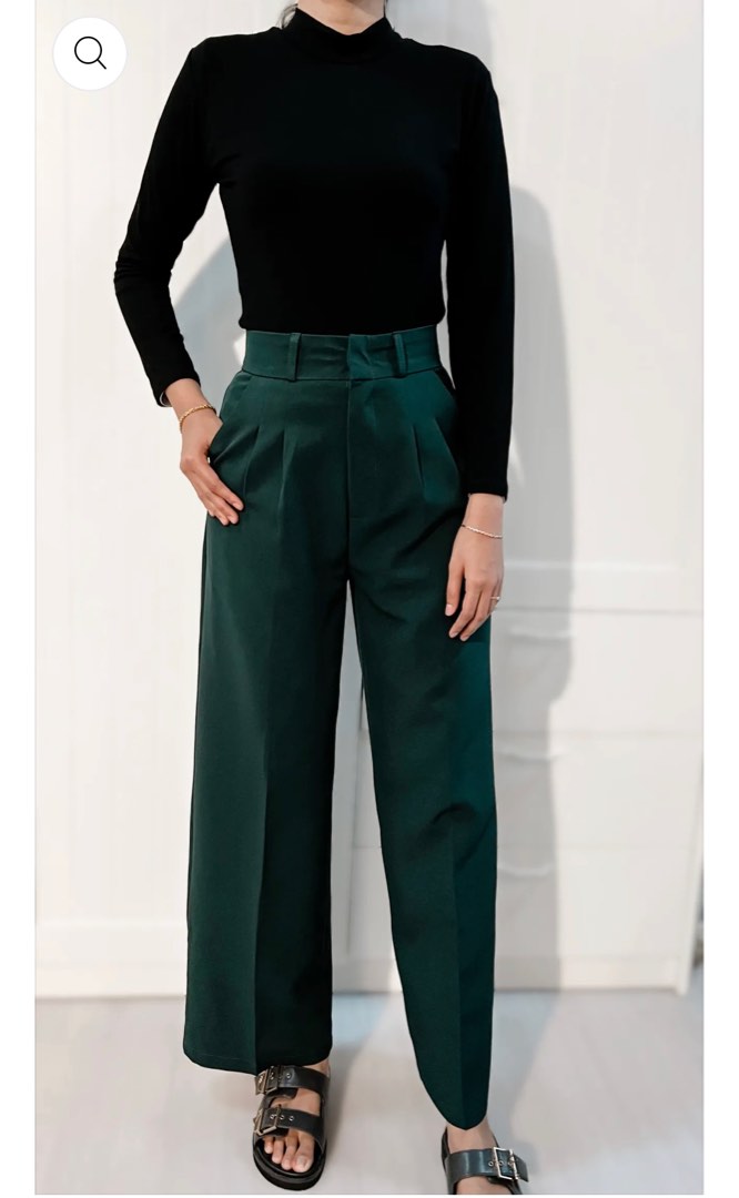 High Waisted Wide Legged Trousers w Foldlines In Olive – KLARRA