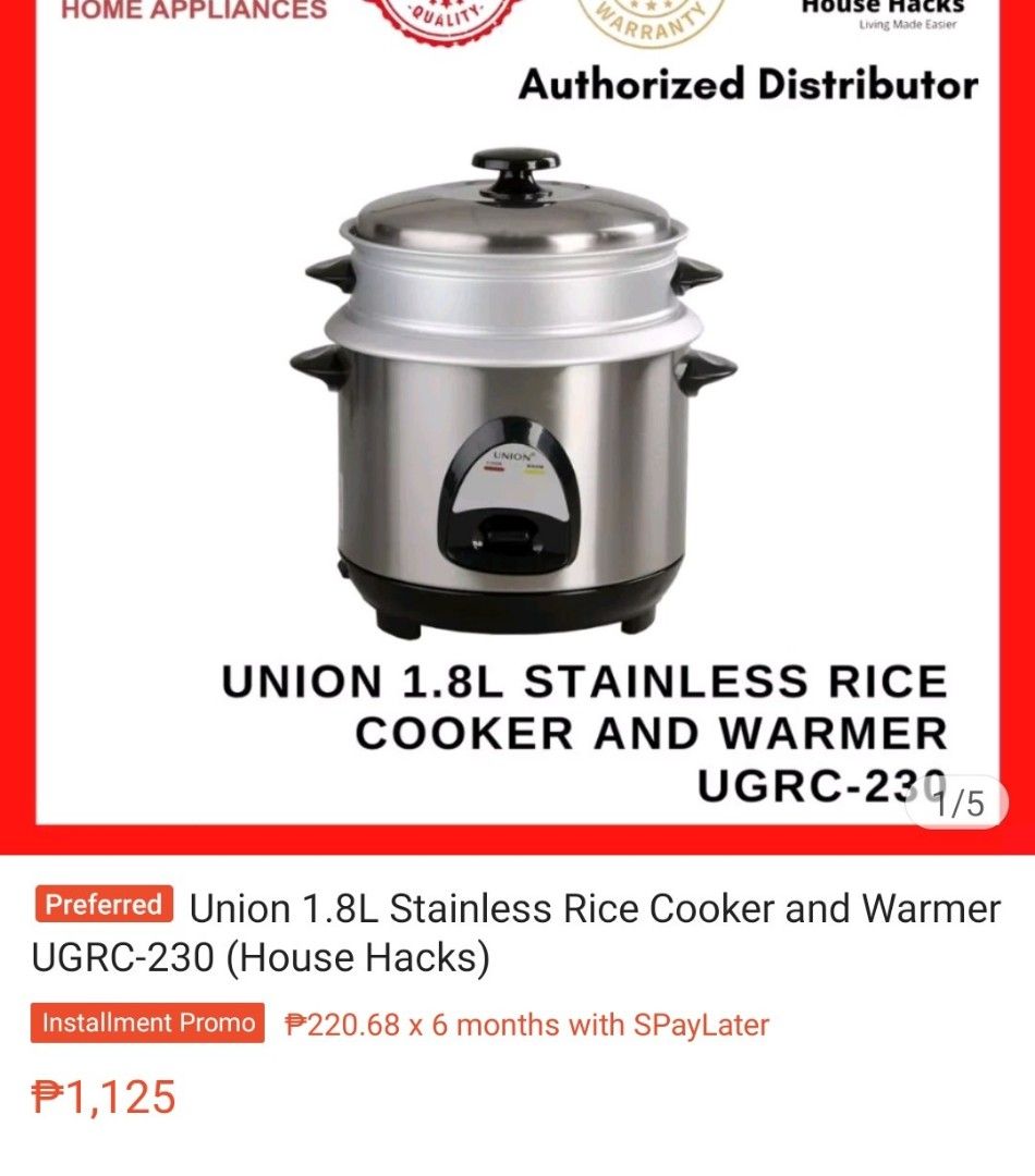 Union 1.8L rice cooker with steamer (Category: Cookware & Accessories) located in Makati City. Submitted by shopcaio.ph (Listing ID 1239727007, Image 3). Description: Brand new unopened box.
