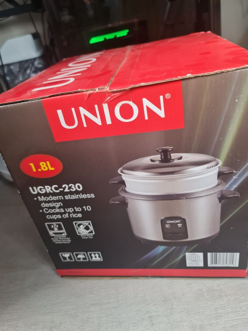 Union 1.8L rice cooker with steamer (Category: Cookware & Accessories) located in Makati City. Submitted by shopcaio.ph (Listing ID 1239727007, Image 2). Description: Brand new unopened box.