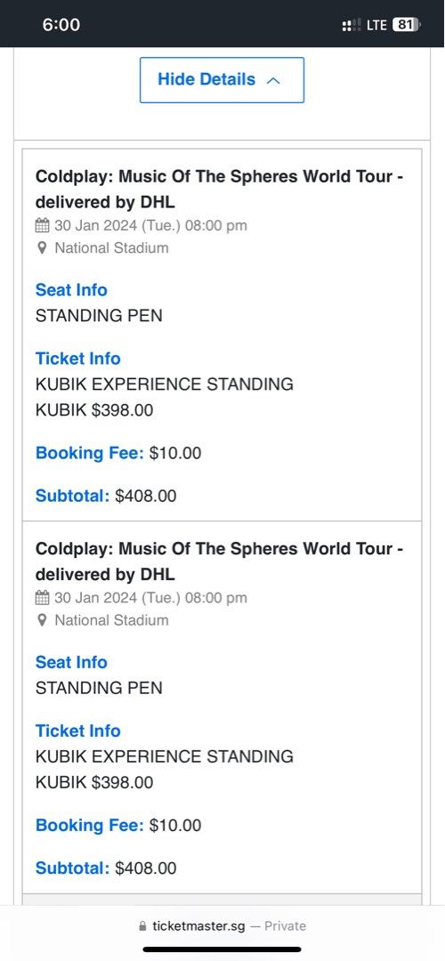 WTT/Exchange Coldplay Vip Standing, Tickets & Vouchers, Event Tickets