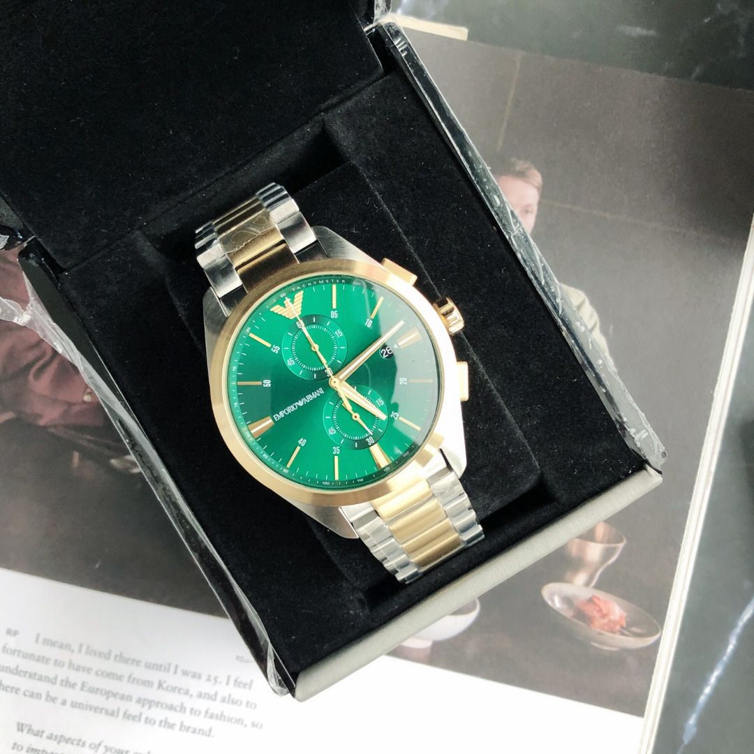 計時多功能日曆石英錶防水手錶商務通勤男錶男生手錶男士腕錶精品錶時尚休閒男錶 Armani阿瑪尼手錶間金綠面鋼帶錶新品AR11511