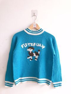 Atasan Knit Rajut High Neck Kerah Tinggi Sweater Motif Doggy Lucu Gemoy Warna Baby Blue