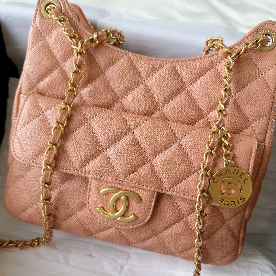 Chanel Coral Beige Caviar Hobo Crossbody Aged Gold Hardware