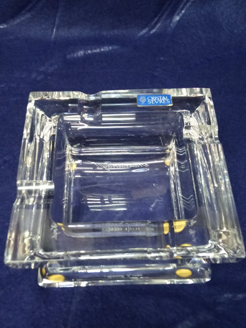 "Cristal Sevres France" Crystal Ashtray, Square Raised Etched Ashtray