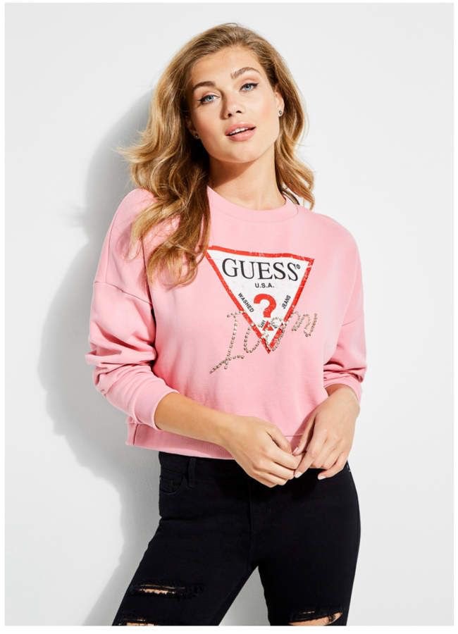 GUESS Icon Sweatshirt Oversized Pink Semi Crop Women s Fashion