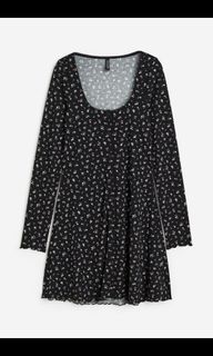 H&M Black/Small Flowers Lace Trimmed Ribbed Dress XS