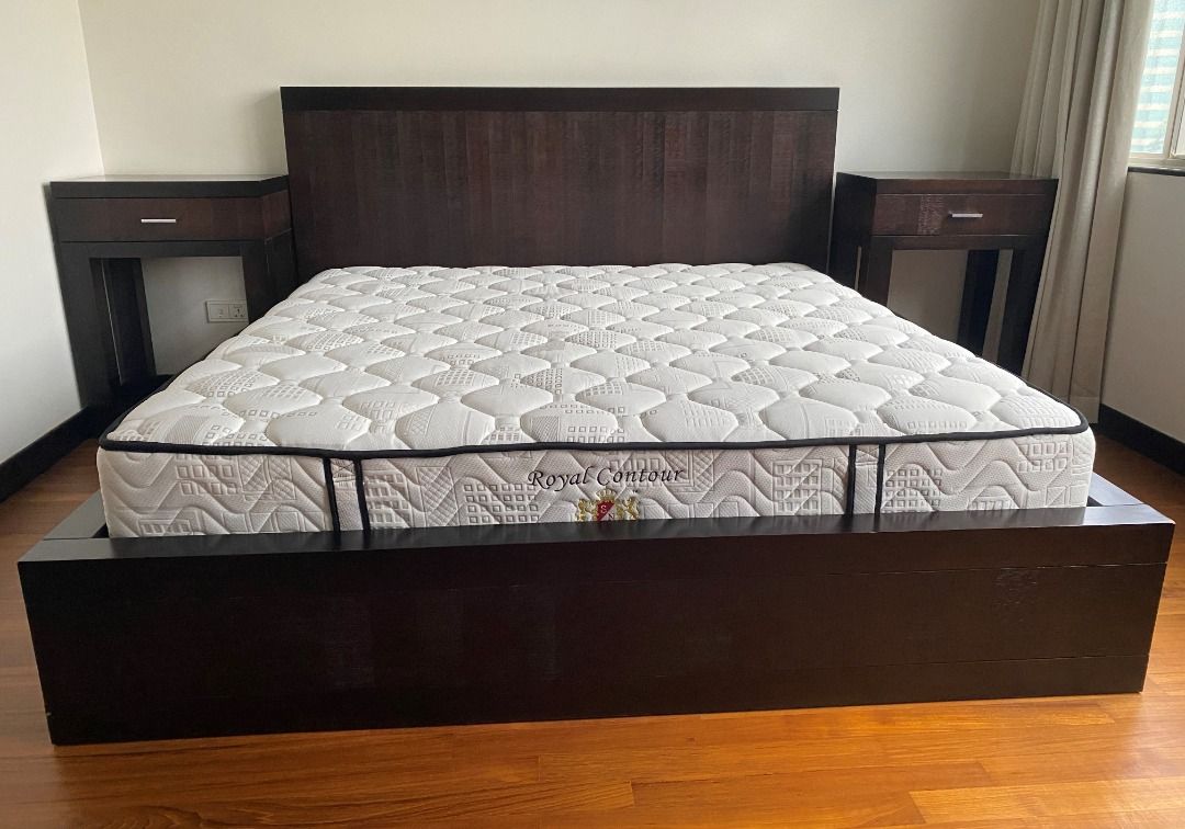 King Bed Frame + Mattress + 2 Side Stands as a set, Furniture & Home