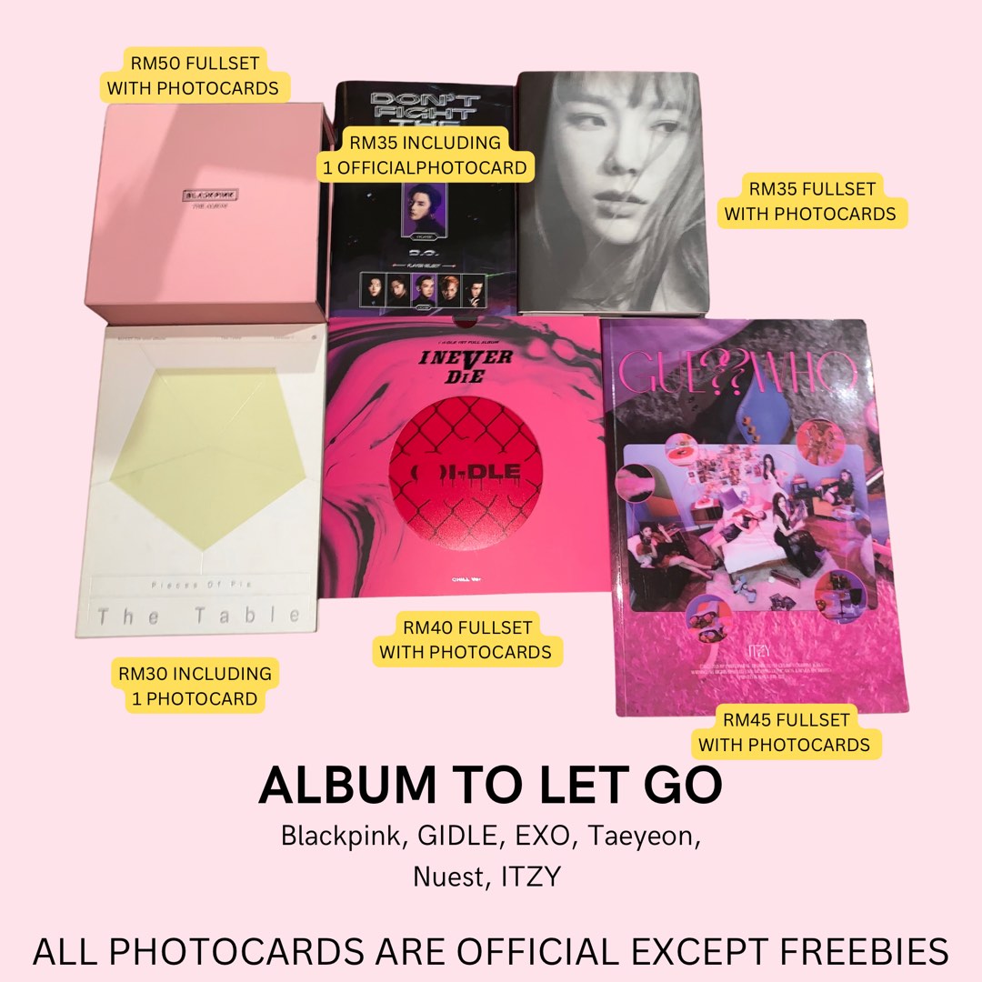 Kpop albums WTS Exo, Taeyeon, ITZY, BLACKPINK, Nuest, GIDLE, Hobbies