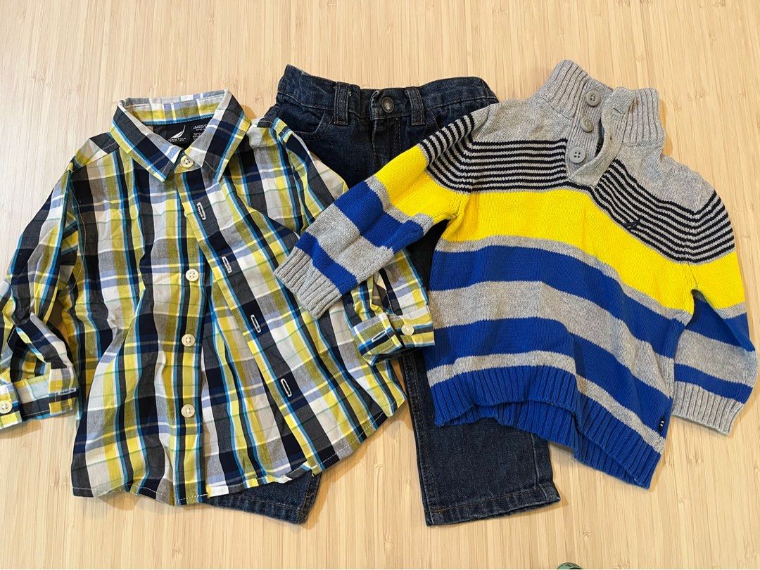 Nautica set baby boy size 1 (Category: Babies & Kids Fashion) located in Las Pinas. Submitted by teep_mnl (Listing ID 1239980441, Image 1). Description: 3 piece set 1 knit sweater Long sleeves polo in checkered print Jeans Very good quality. Like new! .