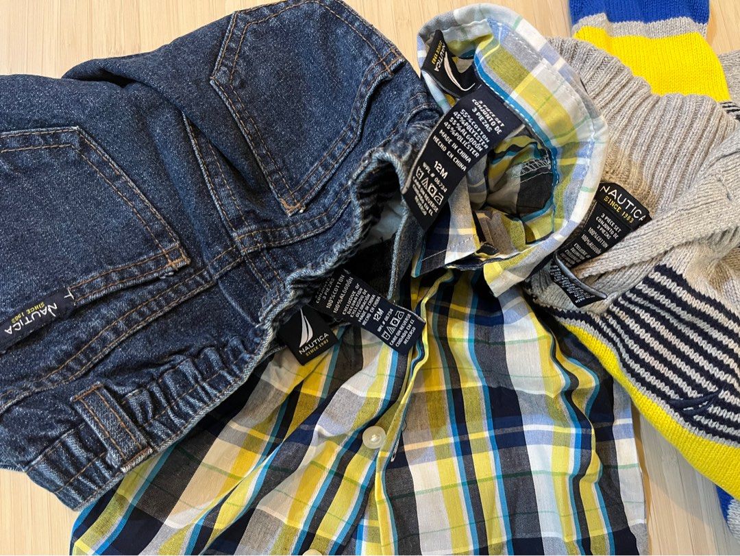 Nautica set baby boy size 1 (Category: Babies & Kids Fashion) located in Las Pinas. Submitted by teep_mnl (Listing ID 1239980441, Image 2). Description: 3 piece set 1 knit sweater Long sleeves polo in checkered print Jeans Very good quality. Like new! .