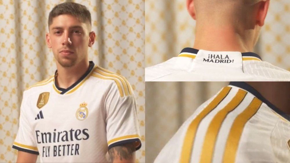 NEW Real Madrid white home kit football soccer jersey polo tee shirt tshirt top sports yellow stripes black logo words font