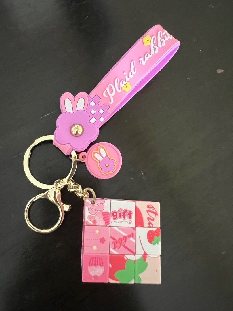 Plaid Rabbit Keychain with Rubics Cube, Hobbies & Toys, Toys & Games on