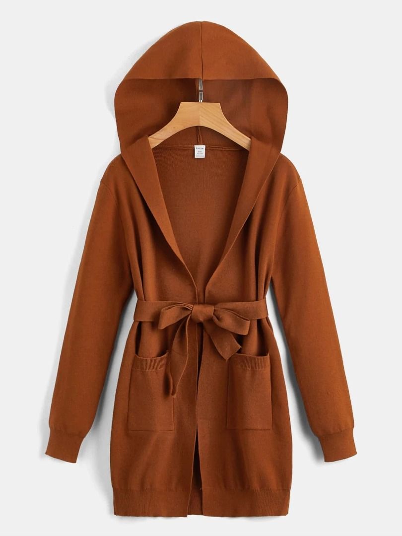 Pocket Patched Hooded Belted Cardigan Women s Fashion Coats