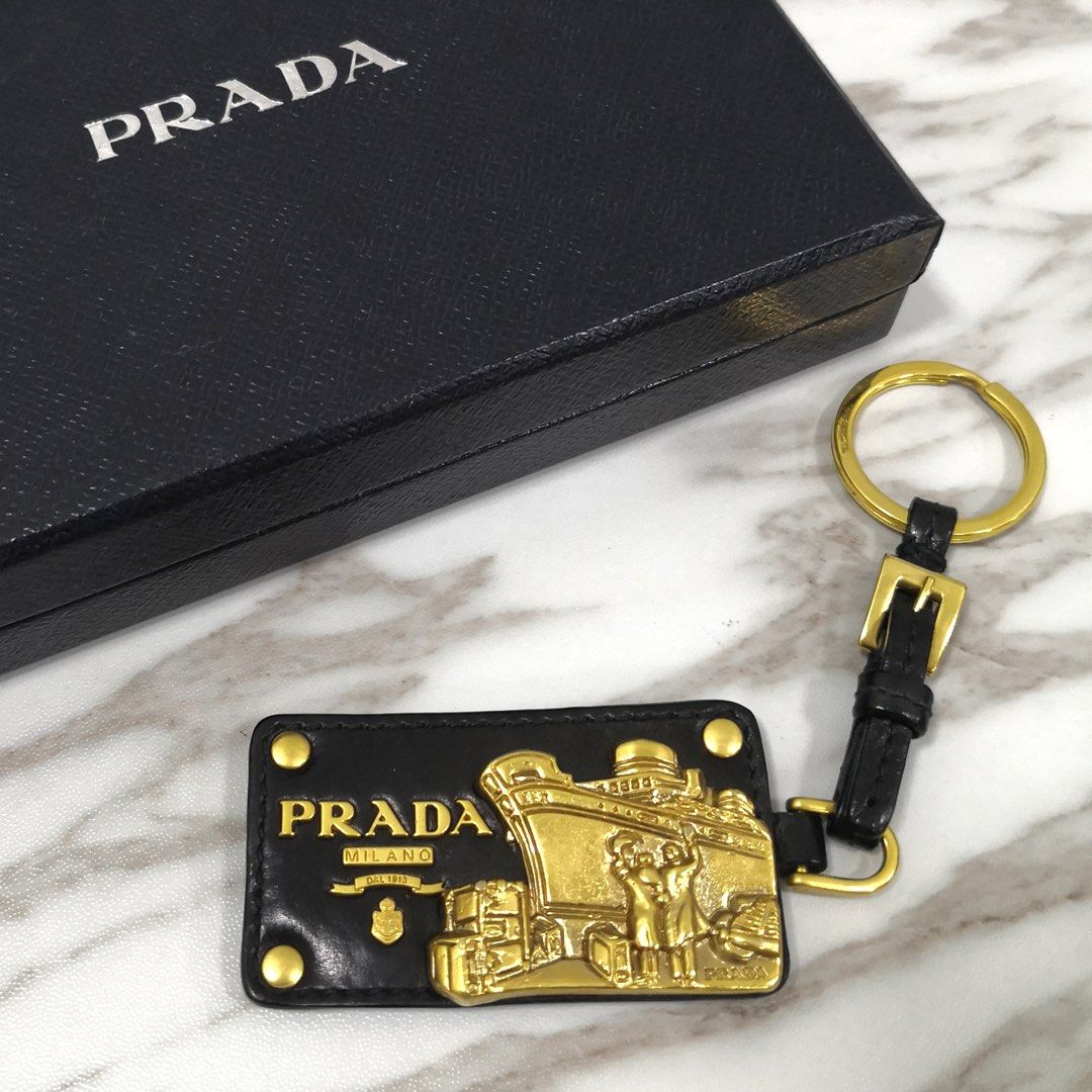 Rare Authentic Special Ship Theme Black Gold Prada leather keychain bag key ring charm