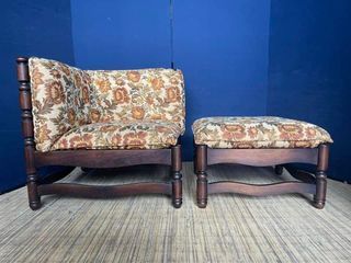 Sofa w/ Ottoman 28”L x 28”W x 15”SH (chair) 25”L x 25”W x 15”H (ottoman)  Solid wood Fabric seat Bulky foam In good condition