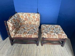 Sofa w/ Ottoman 28”L x 28”W x 15”SH (chair) 25”L x 25”W x 15”H (ottoman)  Solid wood Fabric seat Bulky foam In good condition