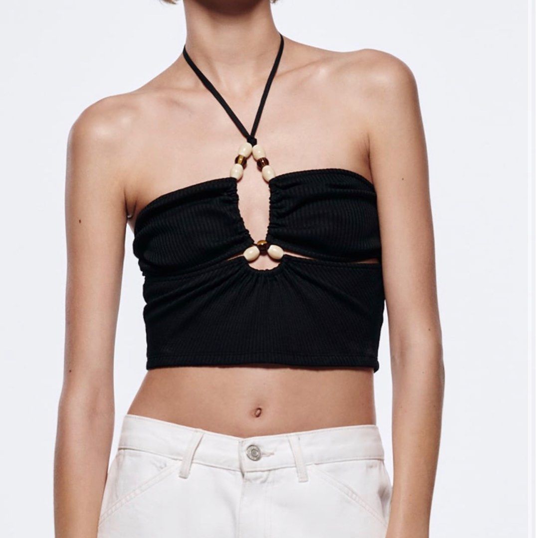 New Zara black crop top with ring detail, size Small