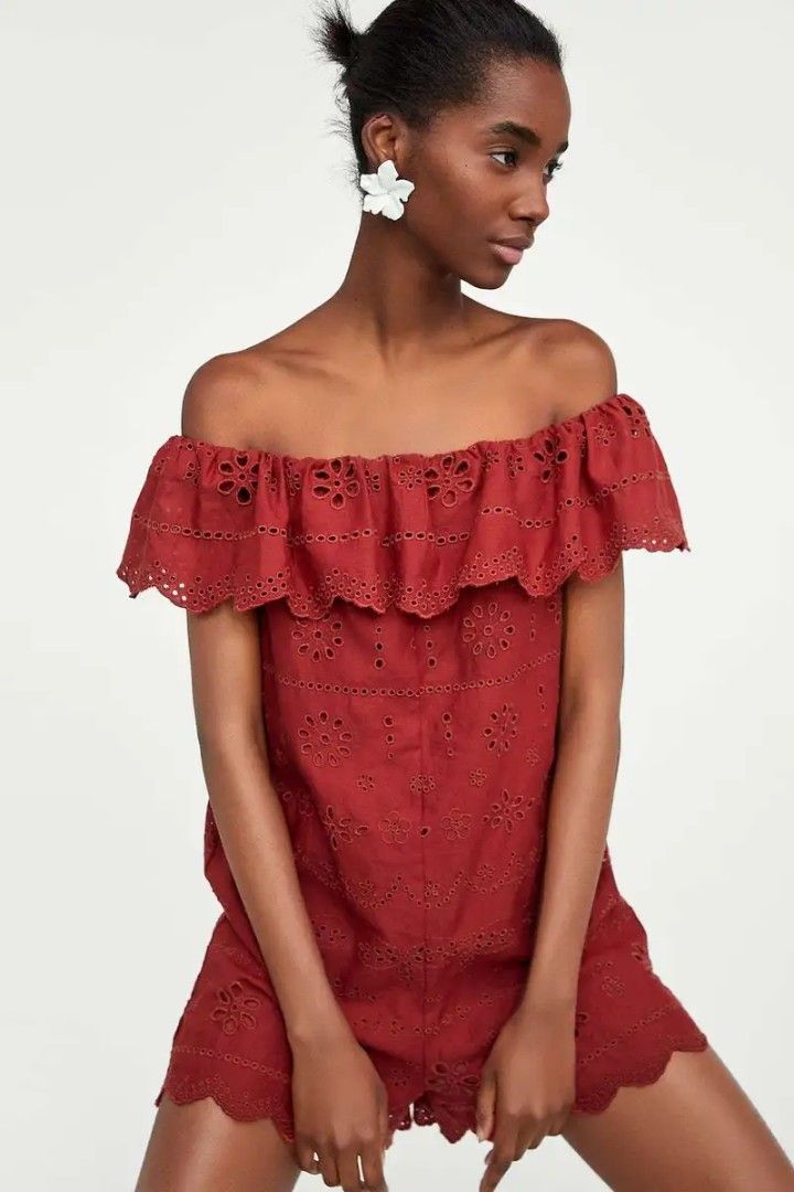Zara Off Shoulder Burnt Orange Eyelet Romper Women s Fashion Dresses Sets Rompers on Carousell