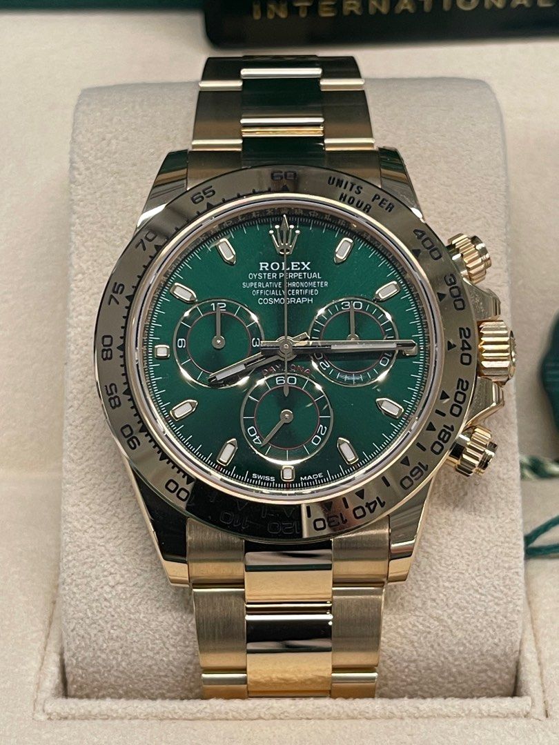 2023 Rolex Daytona John Mayer (Category: Luxury Watches) located in Manila. Submitted by gvawatchesofficial (Listing ID 1240097332, Image 1). Description: New Daytona John Mayer Full Yellow Gold Green Dial. Ref# 116508 - Foreign AD Price: 4,880,000 php.