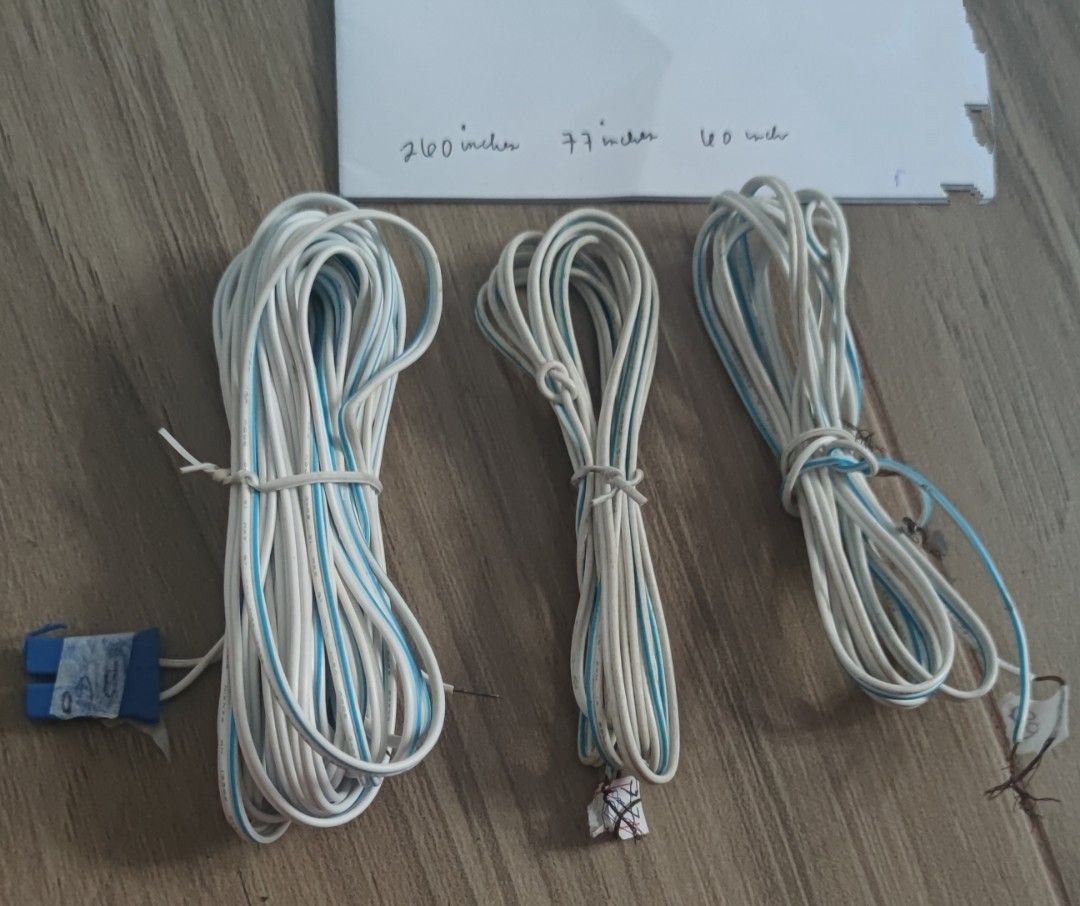 3 sizes of speaker wire (Category: Electrical, Adaptors & Sockets) located in Cavite. Submitted by Combiishop (Listing ID 1240094248, Image 1). Description: 3 sizes wires 260 inches, 77inches, 60inches for 68pesos.