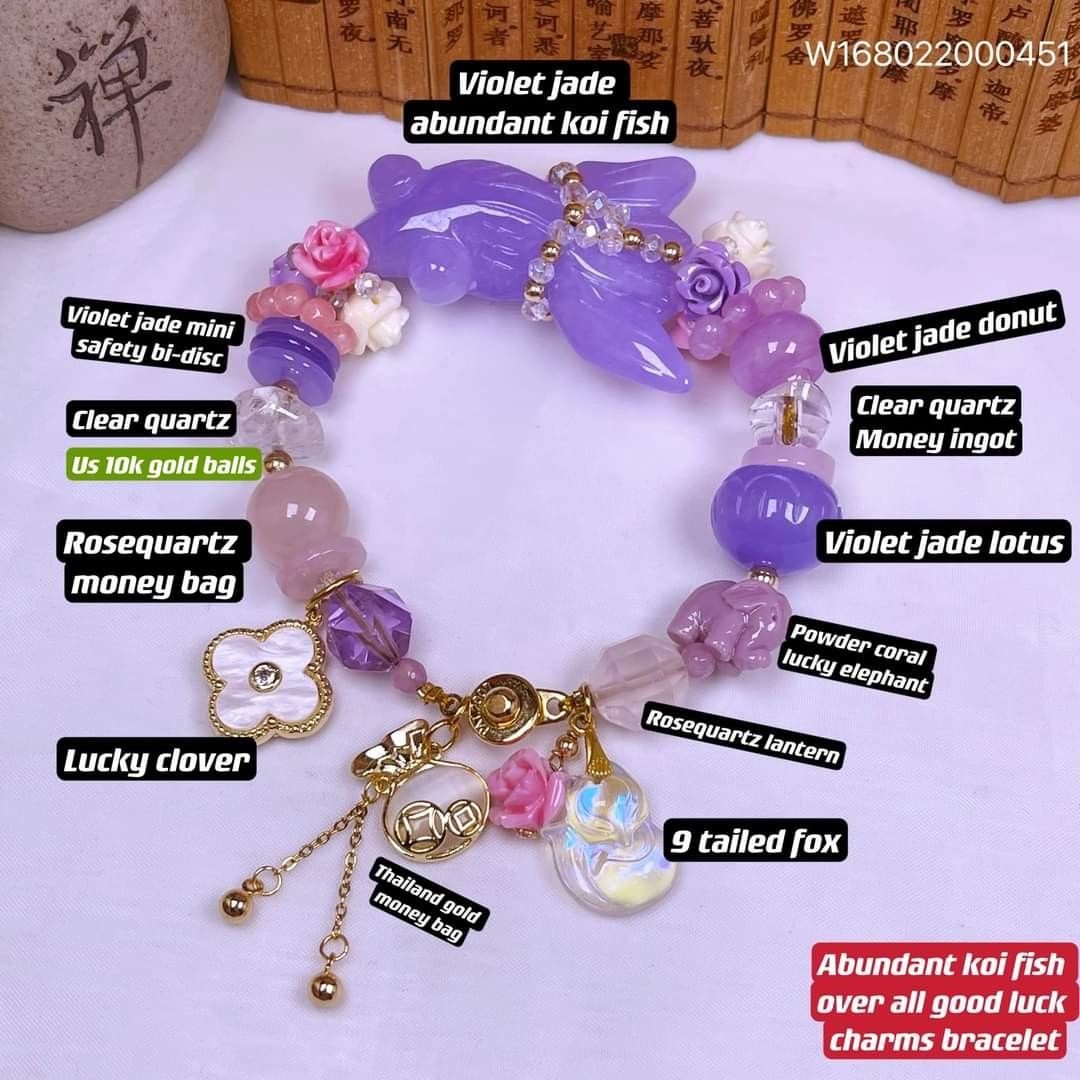 Abundant koi fish bracelet (Category: Bracelets) located in Manila. Submitted by luckycharmsonlineshopping_ (Listing ID 1240182808, Image 3). Description: New new new designs💥💥💥💥 🌈abundant koi fish over all good luck charms bracelet🌈 ✅quality: authentic rosequartz, violet jade, us 10k gold ball, thailand gold high quality clover and money bag ✅size: 👉bracelet: 7.5inches (regular size) 👉koi fish: 45mm, 👉stone: 10-18mm ✅actual picture, no 