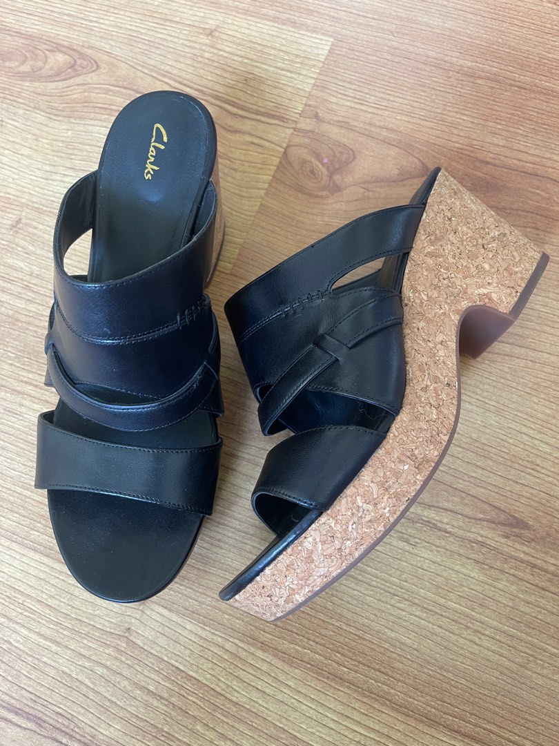 Black Leather Clarks cork Wedge Heels Women s Fashion Footwear