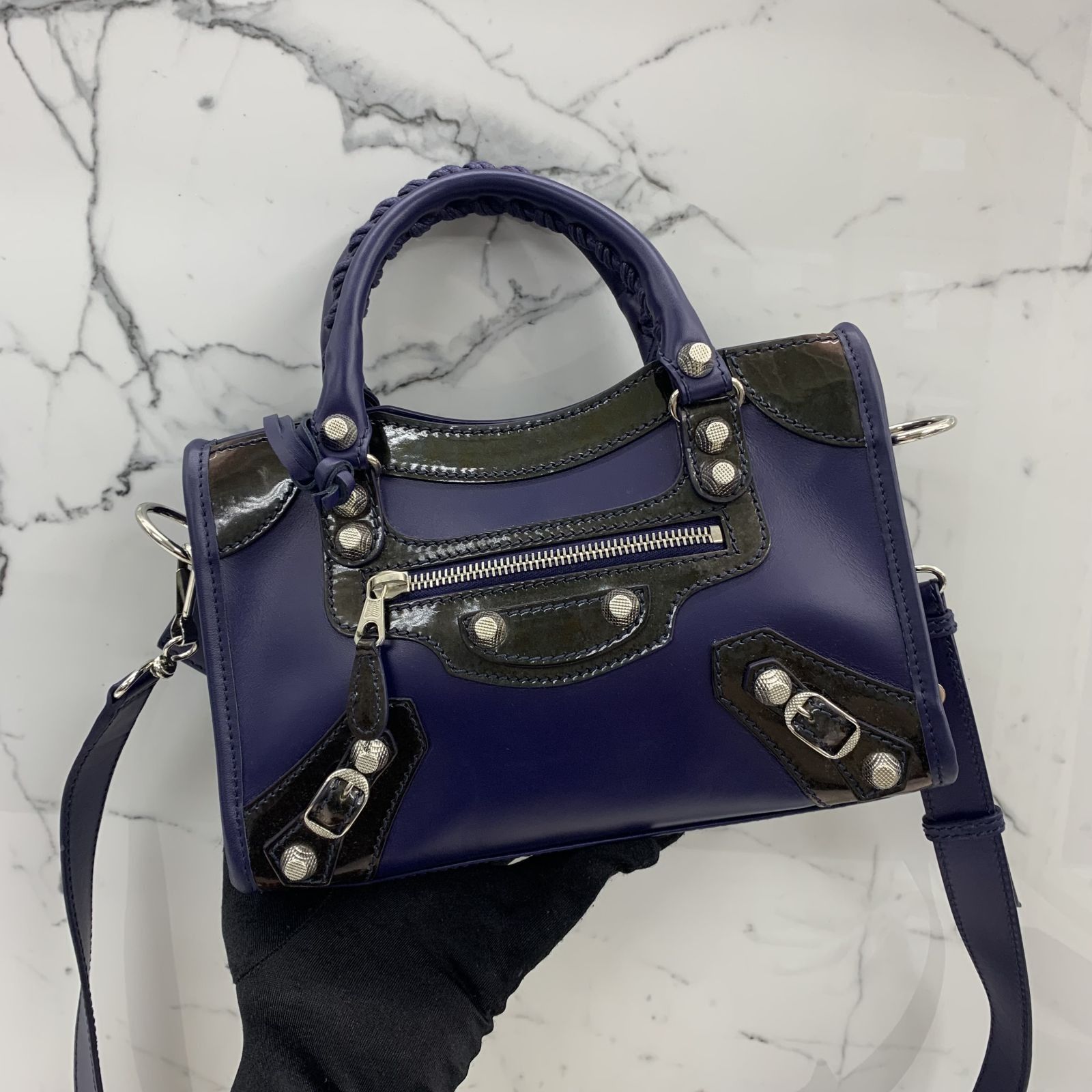 BALENCIAGA BLUE LEATHER 309544 GIANT MINI CITY 2WAY SHOULDER BAG 