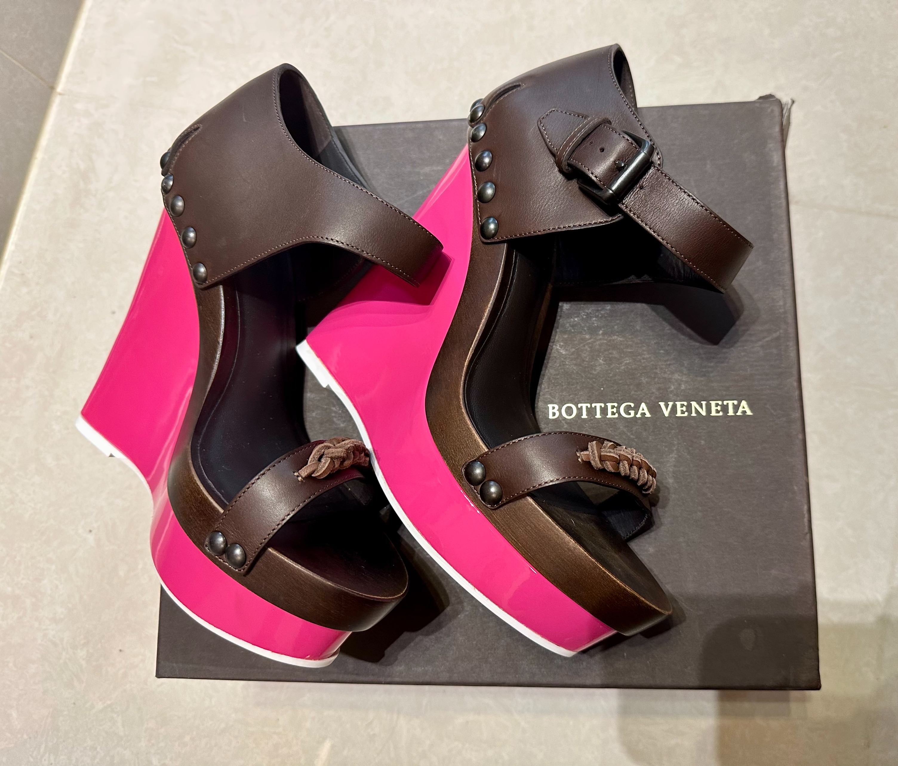 Bottega Veneta Dark Brown Leather Platform Wedge Sandals Luxury
