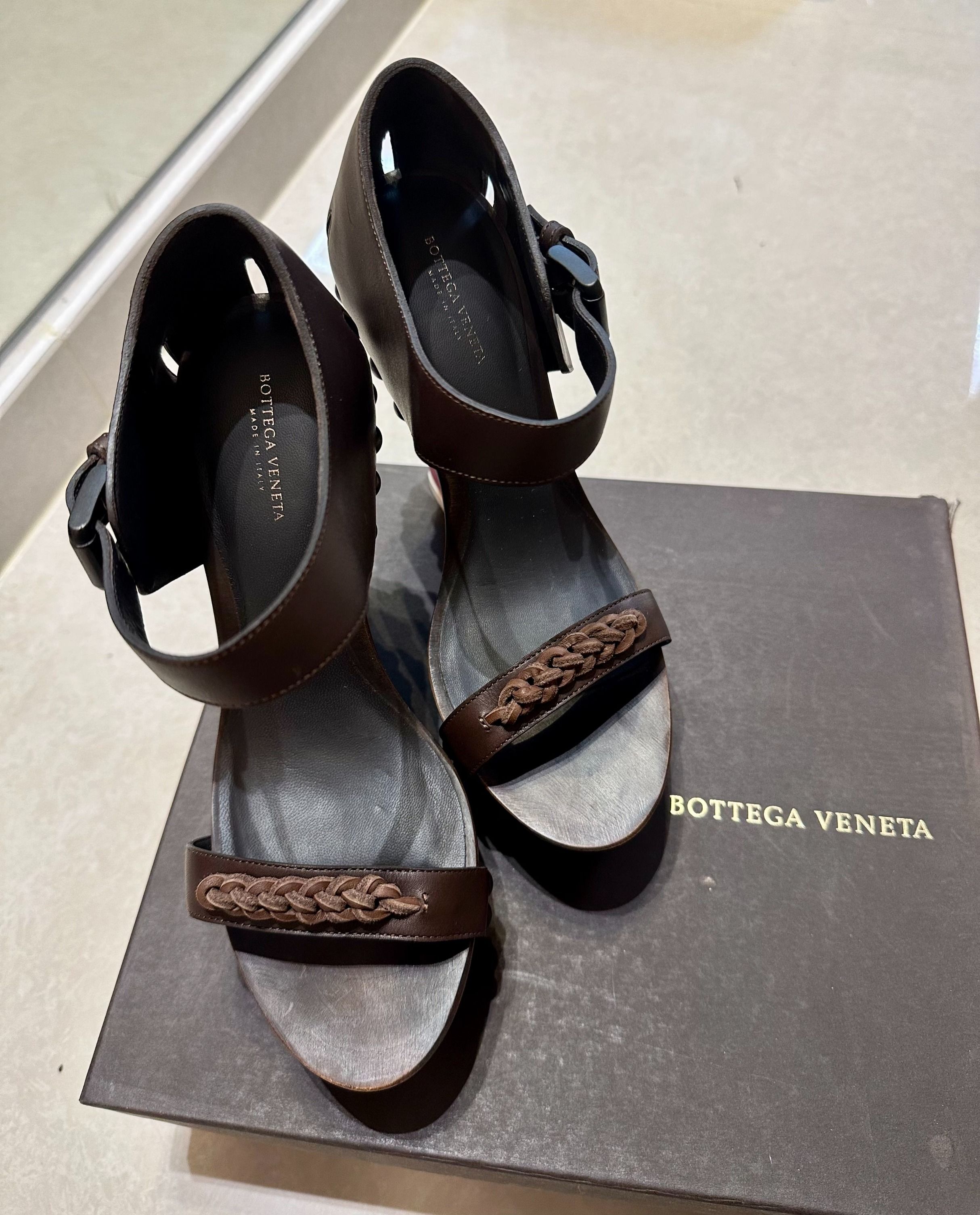Dark brown leather wedge sandals hotsell
