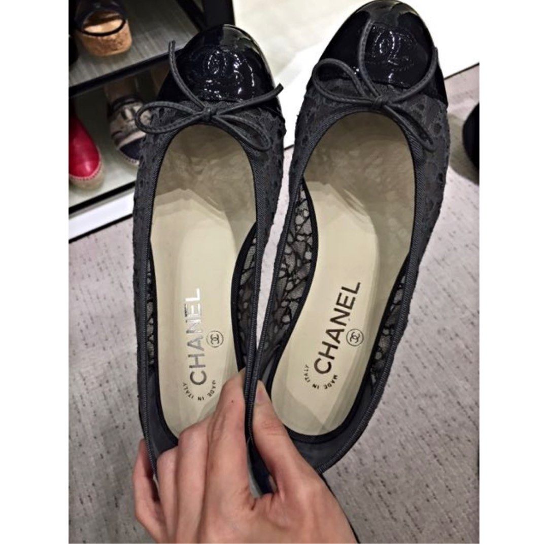 CHANEL grey lace mesh & patent Ballet Flats Shoes