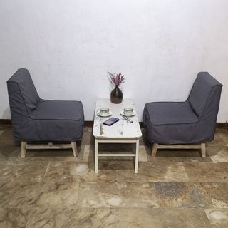 MANOA 2pcs single sofa, distressed white paint on acacia wood, like new ❌️SOLD center table❌️
