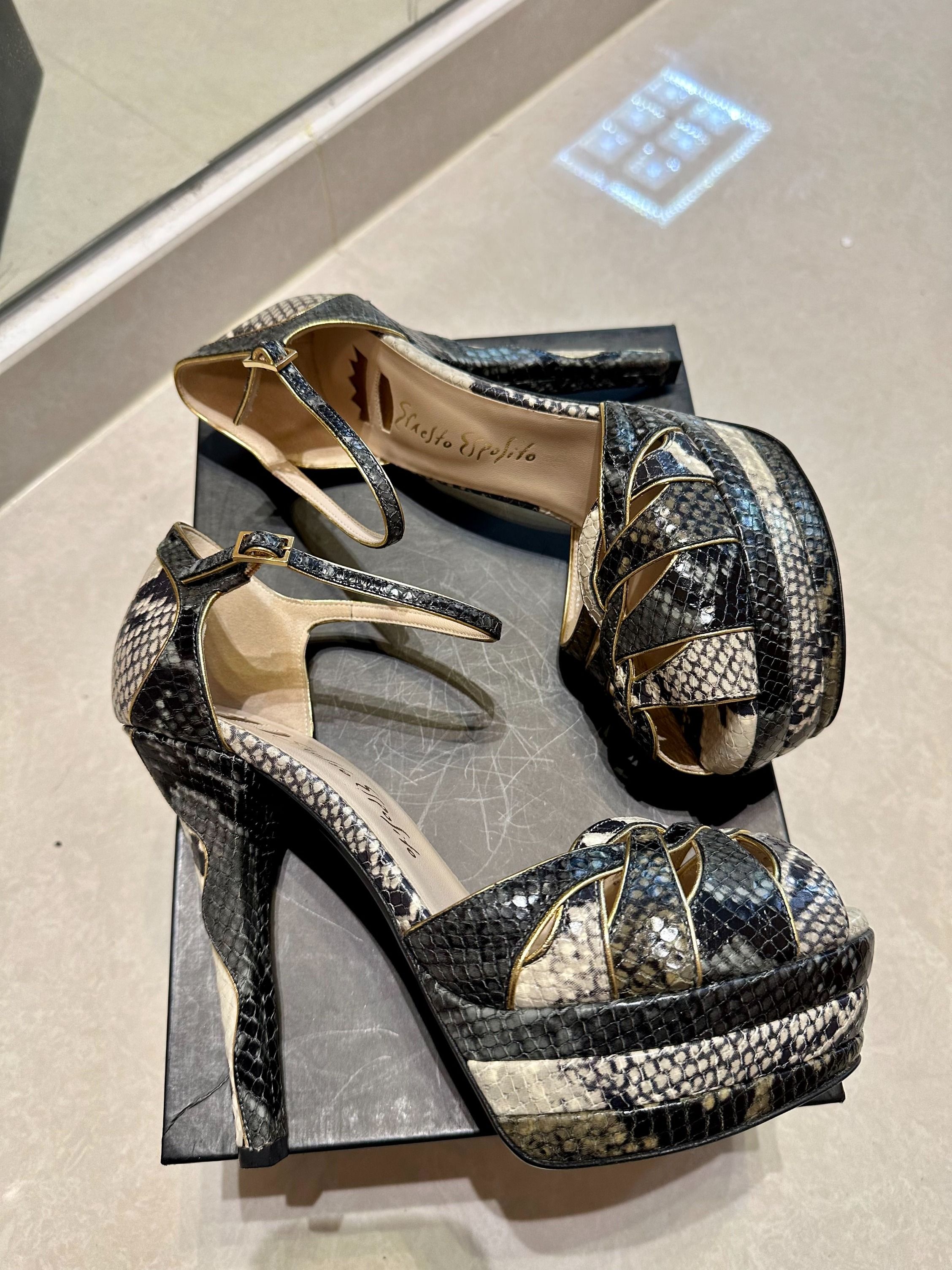 Ernesto Esposito Peep Toe Python Platform Sandals Pitone