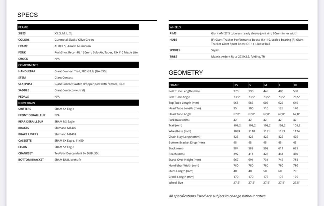 Giant fathom best sale size chart