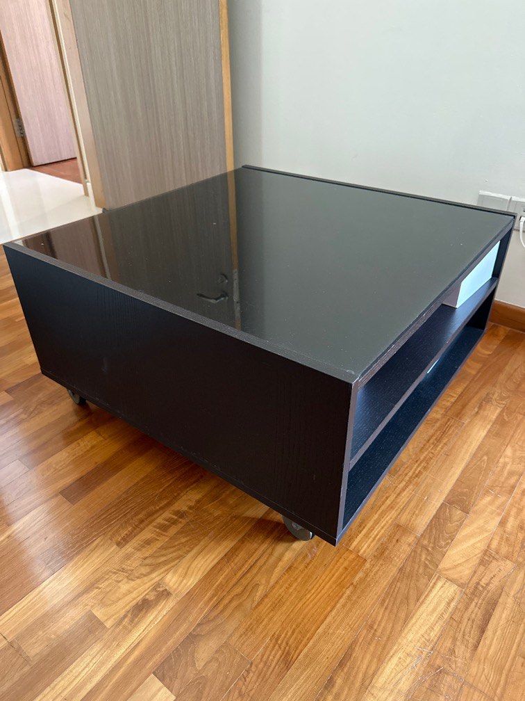 IKEA Coffee Table, glass top with wheels, storage inside, Furniture