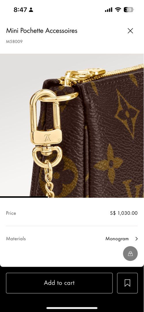 LV Louis Vuitton Mini Pochette Accessories Monogram Canvas GHW(Cash S$650)