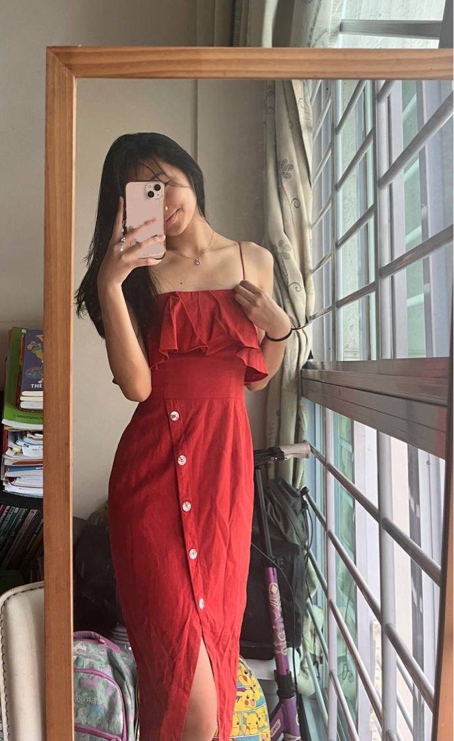 red off the shoulder button down dress Cute Rust Red Dress - Button Front Dress - Button Front Dress