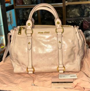 Miu Miu Pink Mughetto Distressed Vitello Lux Medium Bow Bag with Strap