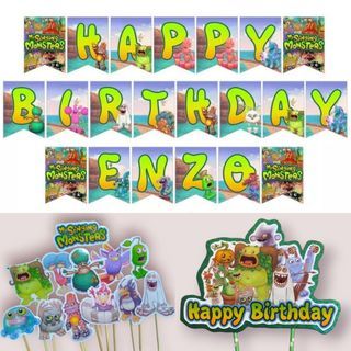My Singing Monsters Theme Birthday Party Banner Cupcake Cake Topper Decoration Personalized