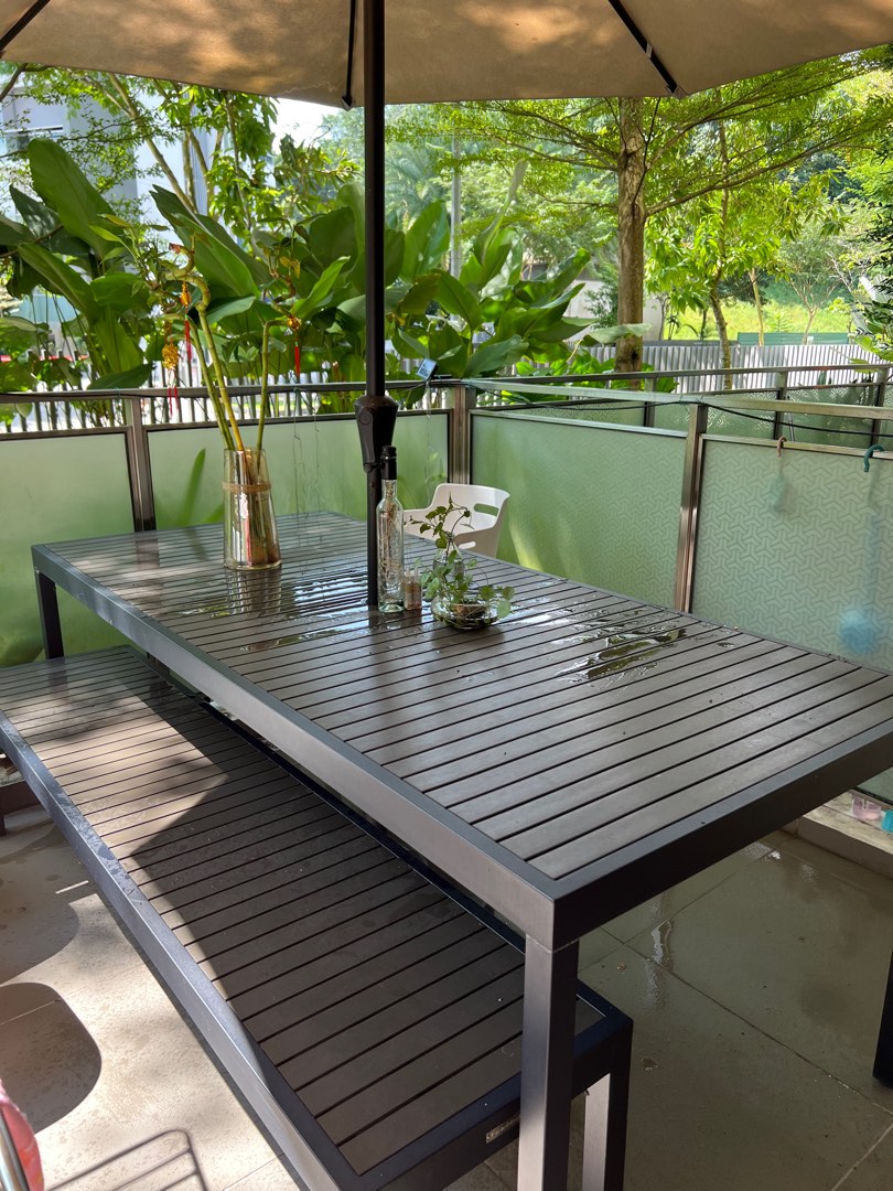 CRATE & BARREL Outdoor Dining Set (1Table+1Bench) , Furniture & Home