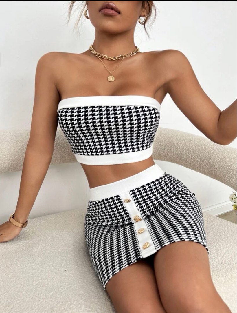 SHEIN PETITE Tie Back Crop Tube Top With Two Piece Set Mini Skirt